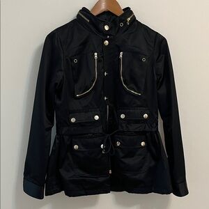 LaRok Utility Jacket Coat Small Black with Gold Accents Hooded Lined Tie Waist